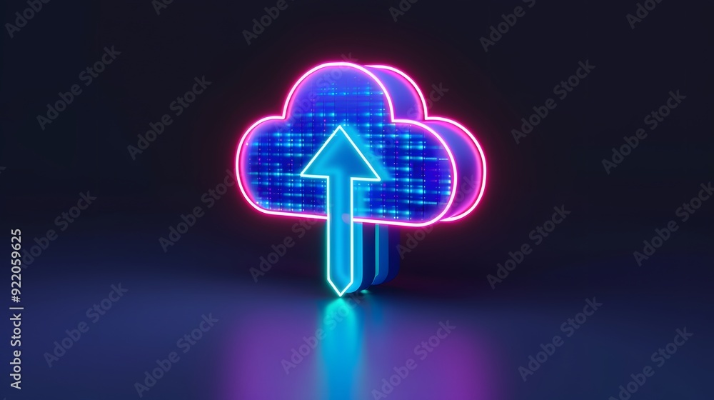 Poster neon cloud icon with glowing up arrow, symbolizing data upload, digital storage, and cloud computing
