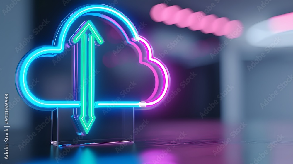 Poster neon cloud icon with up and down arrows signifying cloud storage or data transfer. futuristic techno