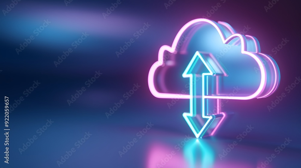 Aufkleber neon cloud icon with up and down arrows symbolizing data upload and download in a futuristic digital