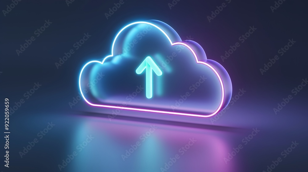 Poster neon cloud icon with up arrow, symbolizing cloud computing, data upload or storage. futuristic techn
