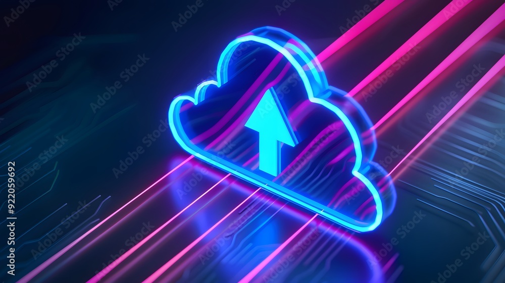 Poster neon cloud icon with up arrow on a futuristic circuit background, symbolizing cloud computing, data 