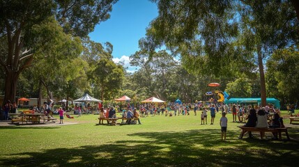 A vibrant community event in a park with live music, food stalls, games for children, and a large barbecue area, with people of all ages participating and enjoying the day together