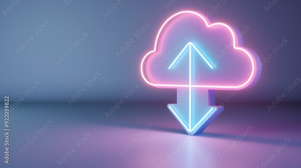 Poster neon cloud icon with upload and download arrows symbolizing cloud computing and data transfer in a c