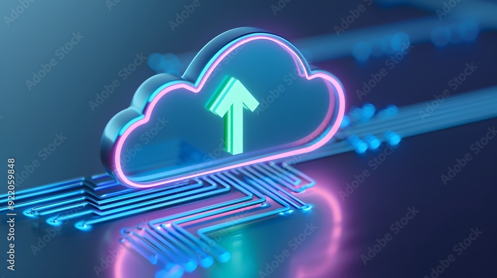 Poster neon cloud icon with upload arrow, representing data transfer and cloud computing technology, agains