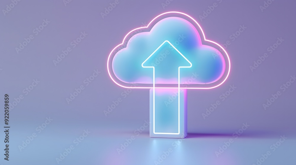 Poster neon cloud icon with upload arrow in purple background symbolizing cloud storage, digital data trans