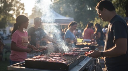 A bustling community barbecue event with people grilling meat, chatting, and enjoying the food, children playing nearby, and an overall atmosphere of summer fun and togetherness