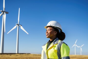 Wind turbines standing hardhat helmet.