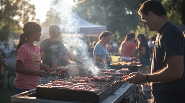 A bustling community barbecue event with people grilling meat, chatting, and enjoying the food, children playing nearby, and an overall atmosphere of summer fun and togetherness