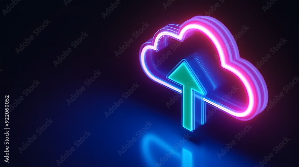 Poster neon cloud icon with upward arrow, symbolizing cloud computing and data upload on a dark background.