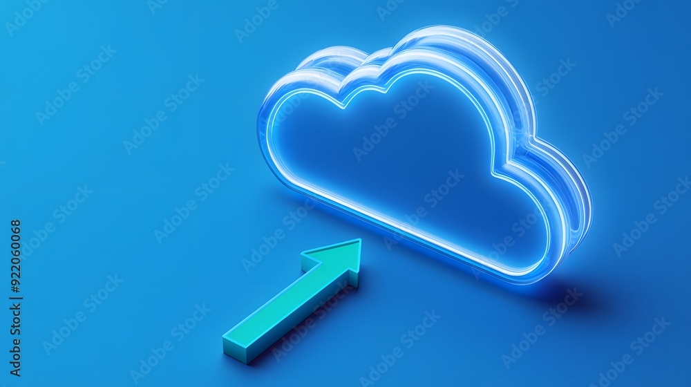 Poster neon cloud icon with upward arrow on blue background, symbolizing cloud computing and data upload co