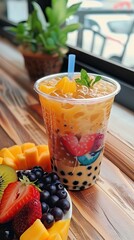 Taiwan milk tea with bubbles - popular Asian drink. AI generated illustration