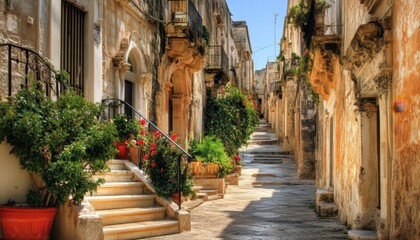 Cobbled alley with flowers and stone architecture in an Italian village on a sunny day