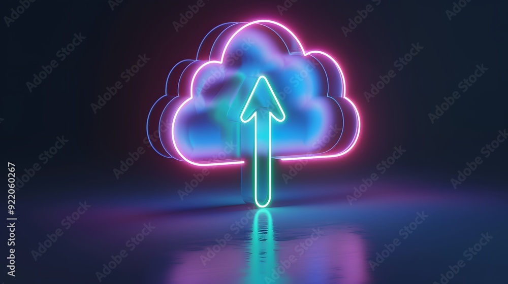 Poster neon cloud icon with upward arrow signifying cloud upload and data transfer in a digitally futuristi
