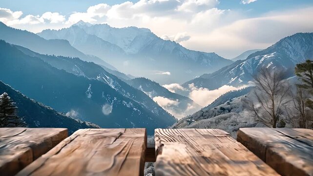 A wooden platform overlooking a breathtaking mountain range with snow-capped peaks and a valley filled with clouds.