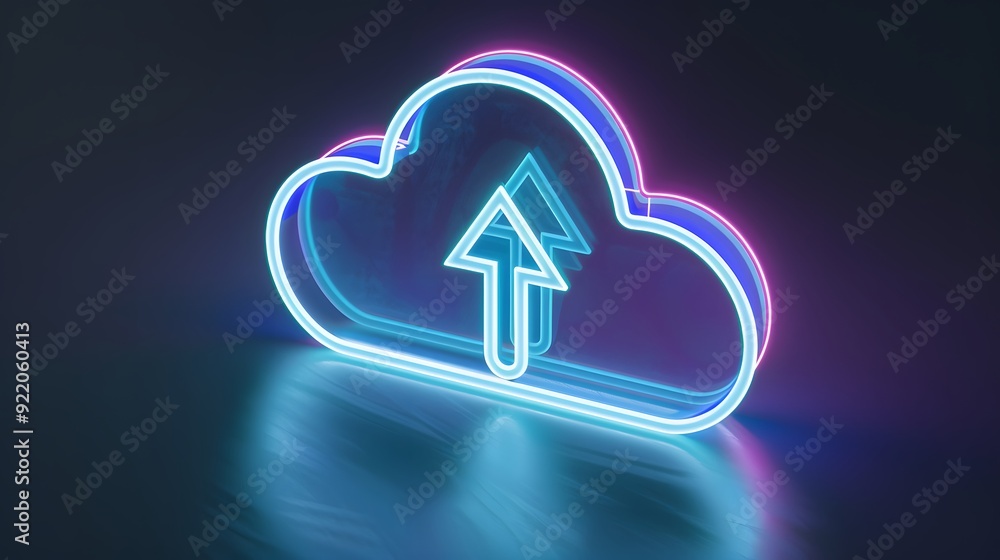 Poster neon cloud icon with upward arrow symbolizing cloud upload and data transfer, futuristic digital sto