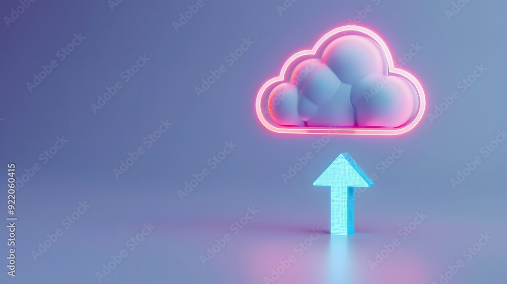 Poster neon cloud icon with upward arrow symbolizing data upload and cloud storage on a modern blue backgro