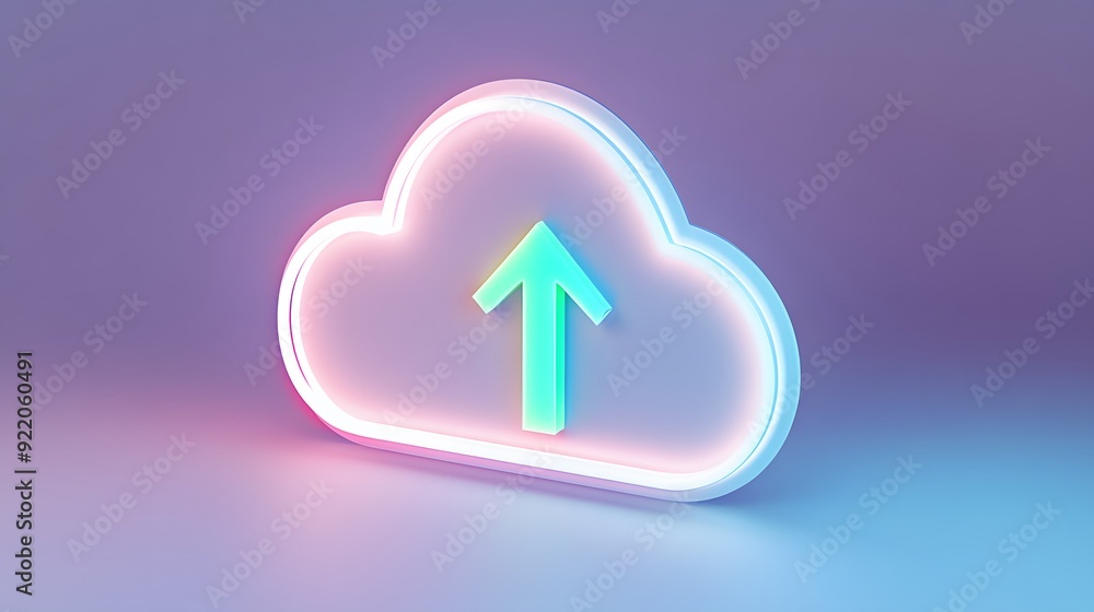Poster neon cloud icon with upward arrow, symbolizing cloud upload and data transfer in modern technology, 