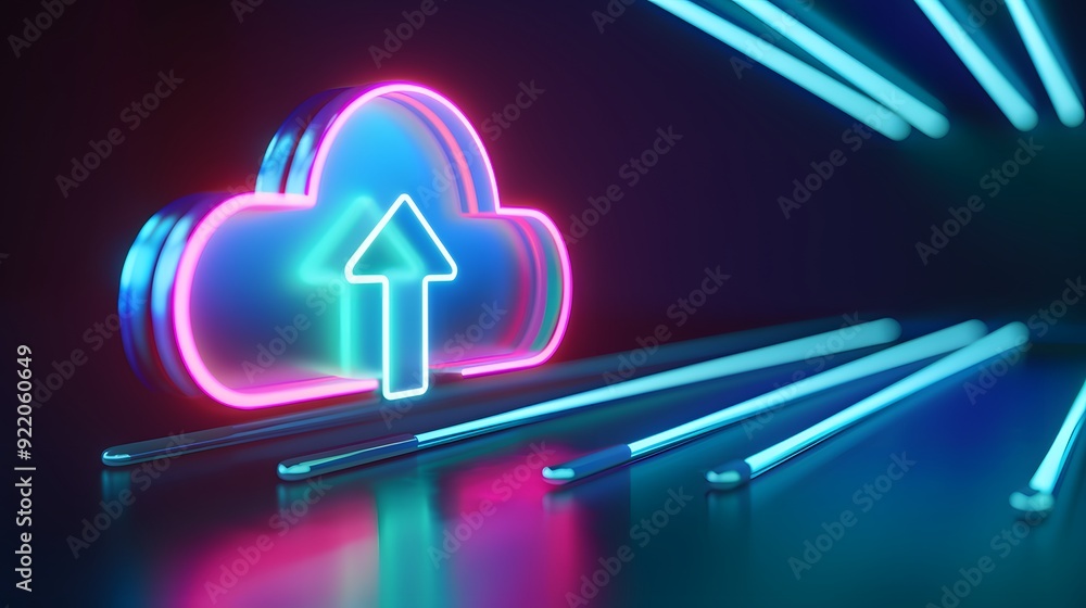 Poster neon cloud symbol with an upward arrow signifying cloud computing and data transfer in a futuristic,