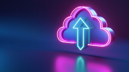 Obraz premium Neon cloud upload icon against dark background, symbolizing cloud computing, data transfer, or digital storage in futuristic style.