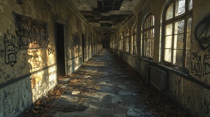 Haunting Scenes of an Abandoned Asylum - Broken Windows, Graffiti Walls, and Eerie Shadows in Hallways