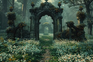 A forest with a path leading to a large archway