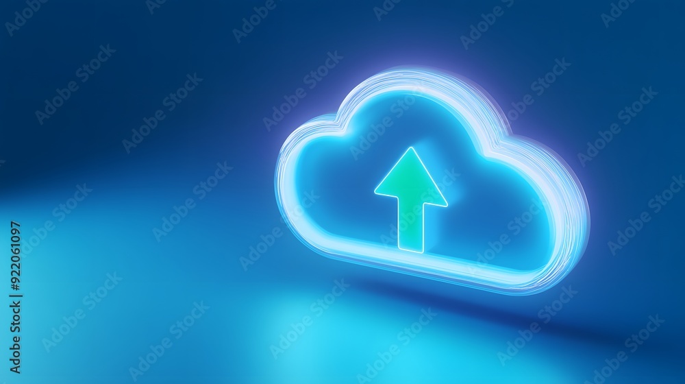 Poster neon cloud upload icon in a blue digital background representing data storage and transfer. perfect 