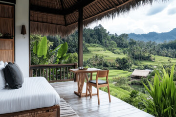 Cozy traditional bamboo bungalow by rice field, natural living