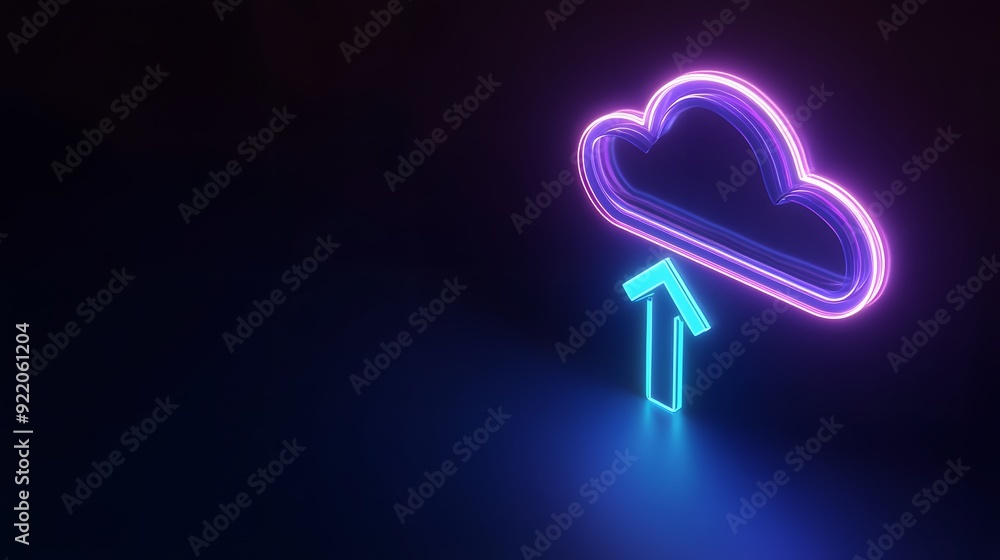 Poster neon cloud upload icon in dark background, symbolizing cloud computing and data transfer technology,