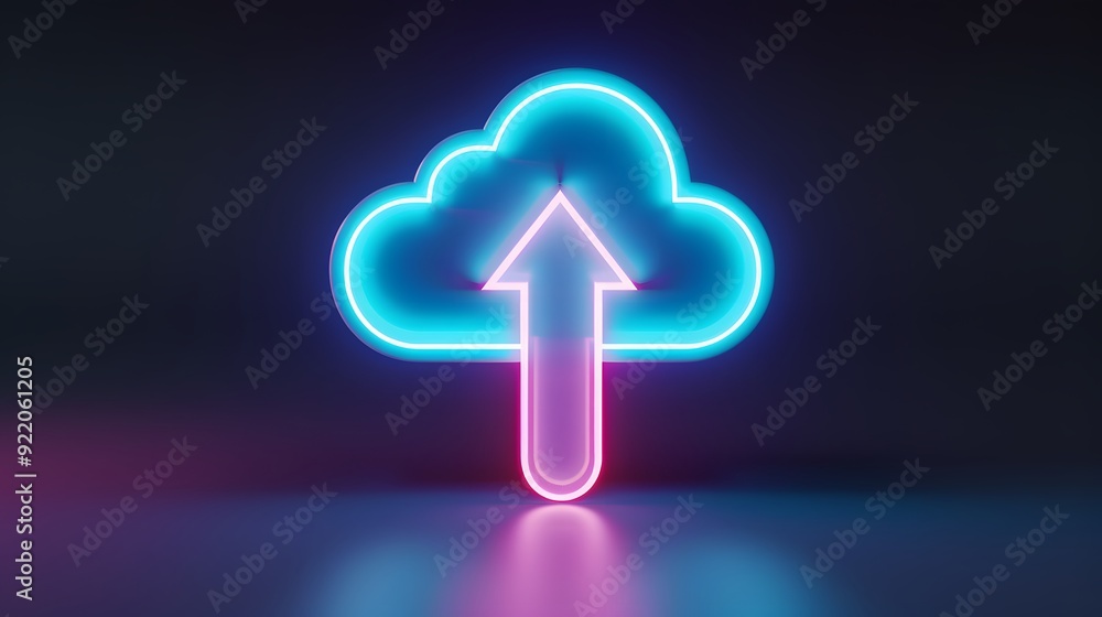 Poster neon cloud upload icon in futuristic colors, representing digital data sharing, cloud computing, and