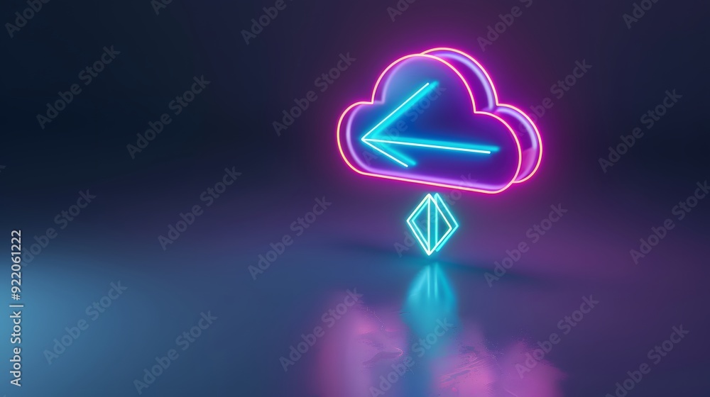 Aufkleber neon cloud upload icon in a dark reflective background representing technology, data storage, and di