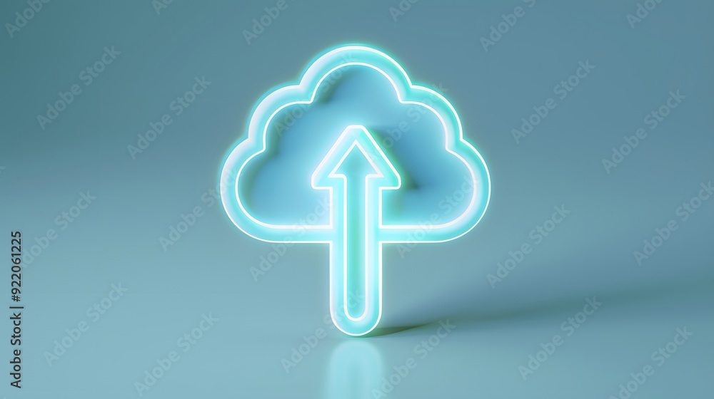 Poster neon cloud upload icon in light blue, symbolizing data upload and cloud storage, set against a minim