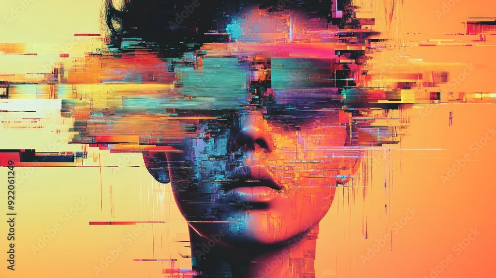 Poster glitch art portrait featuring vibrant colors and abstract patterns in a surreal composition