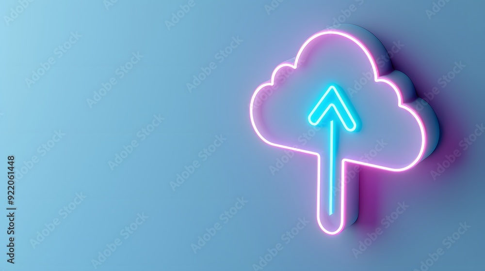 Poster neon cloud upload icon on a blue background, representing cloud computing and data storage in a mode