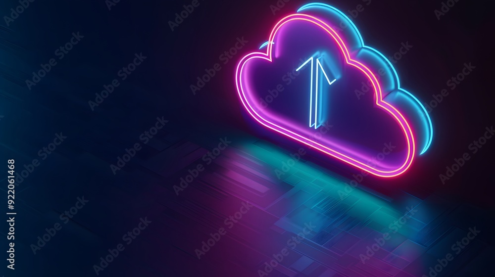 Poster neon cloud upload icon on a dark background, representing data storage and technology in a modern di