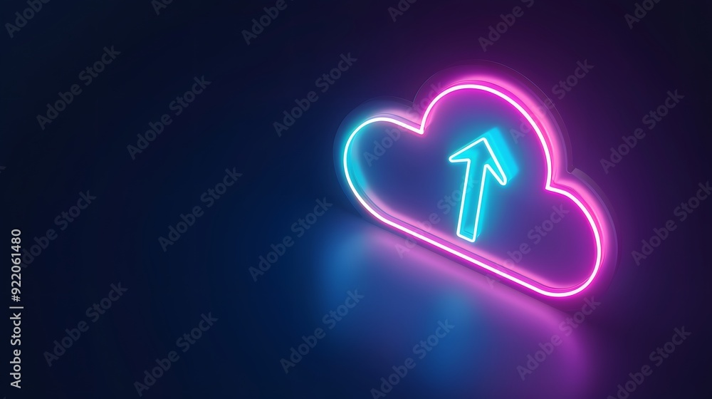 Poster neon cloud upload icon on a dark background. bright, modern symbol representing cloud computing and 