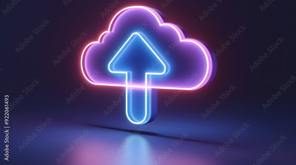 Poster neon cloud upload icon on a dark background. represents data transfer and digital cloud technology. 