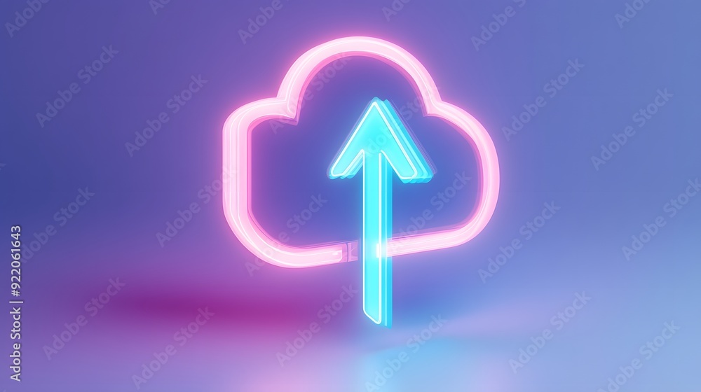 Aufkleber neon cloud upload icon on a gradient background, symbolizing data storage, cloud computing, and tech
