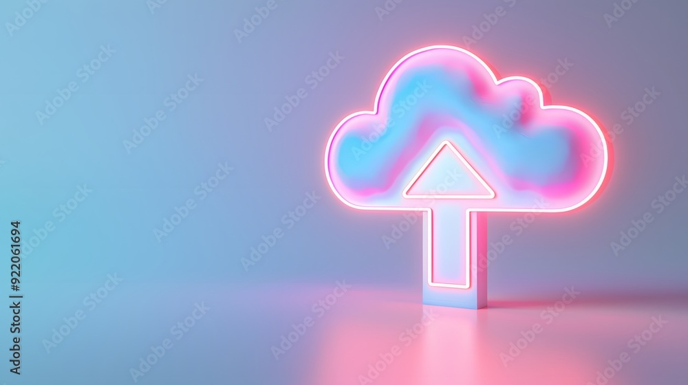 Poster neon cloud upload icon on a reflective surface, representing cloud computing, data storage, and tech