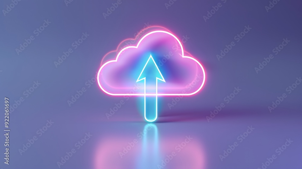 Poster neon cloud upload icon on a gradient background, representing cloud computing and data transfer tech