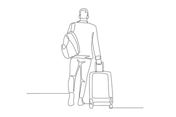 Men who are going on holiday carrying bags and suitcases. Holiday travel concept one-line drawing