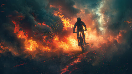 Obraz premium man is riding a bicycle in an atmosphere of fire and smoke