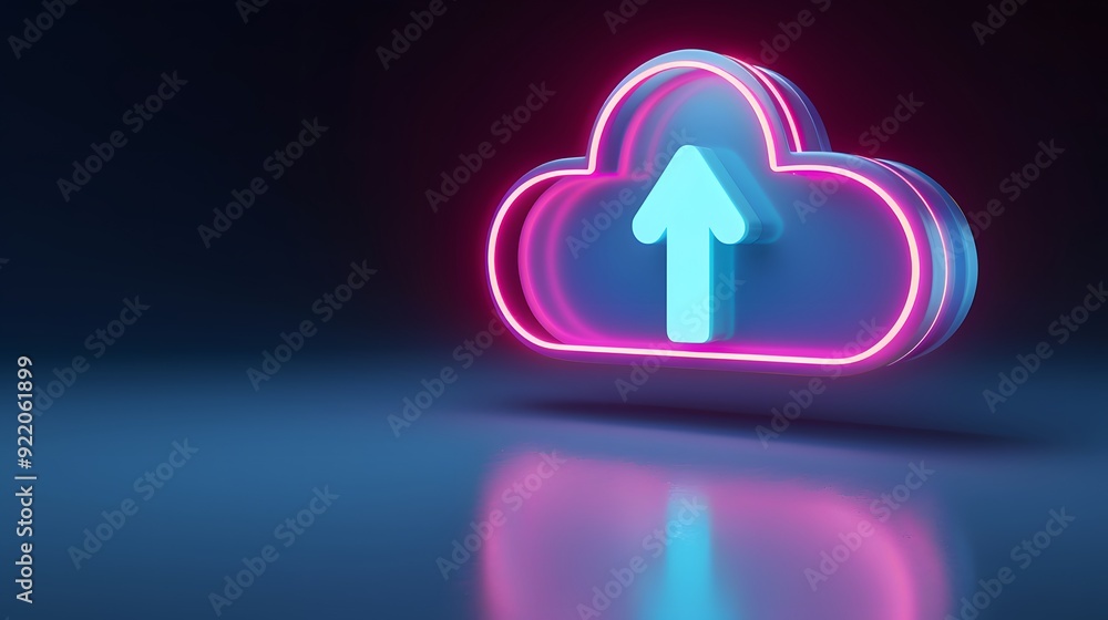 Poster neon cloud upload icon on dark background. futuristic technology concept with glowing arrow for digi