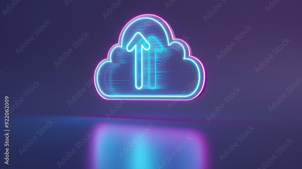 Poster neon cloud upload icon on purple background, symbolizing cloud computing, data storage, and internet