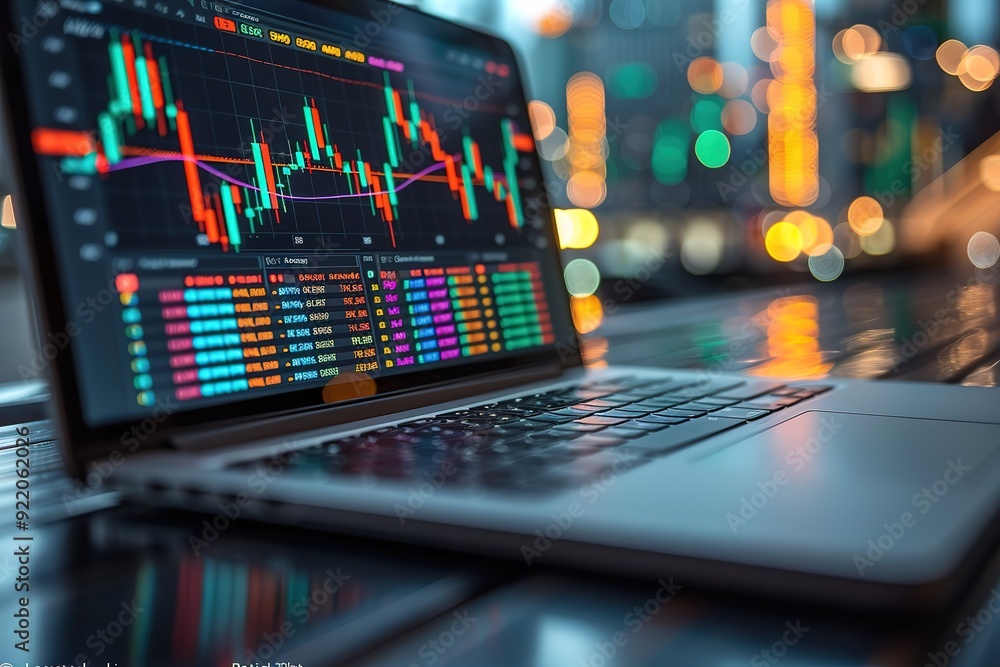 Poster a laptop displaying a stock market graph with a lot of numbers and lines
