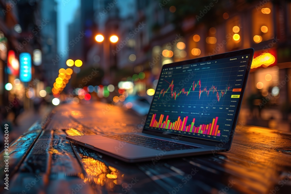 Aufkleber a laptop is open to a screen showing a graph of stock prices