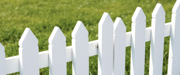 White picket fence with green grass in background