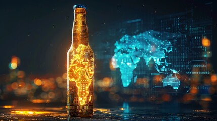 A beer bottle illuminated with a glowing world map, symbolizing global connection, shared experiences, and the international reach of beverages.