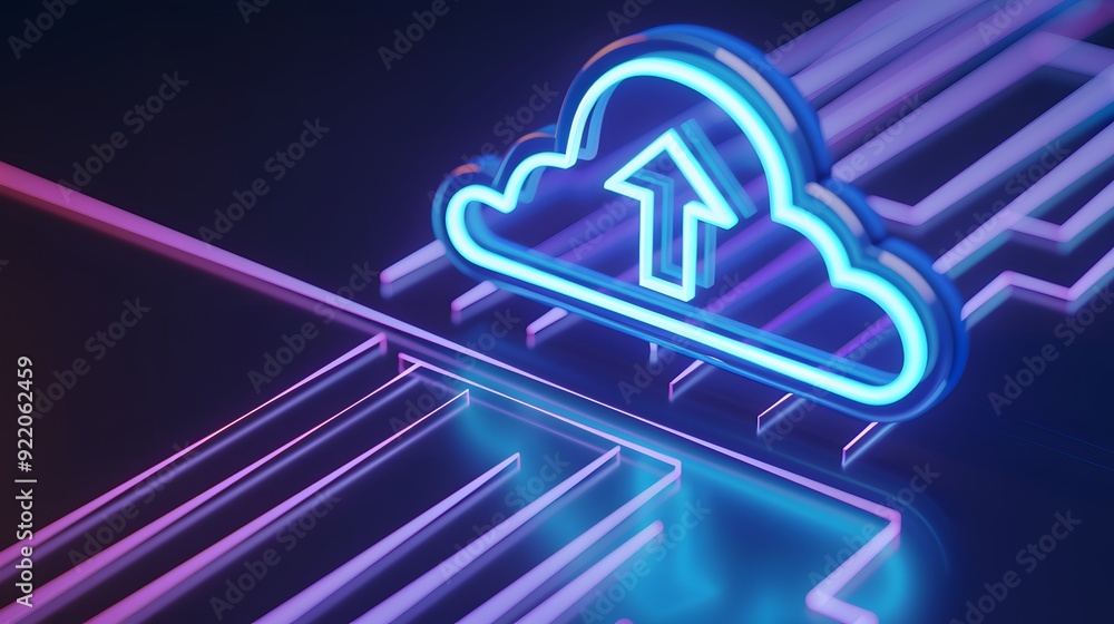 Poster neon cloud upload icon with futuristic lines symbolizing online data storage and technology innovati