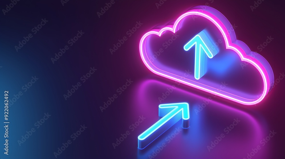 Poster neon cloud upload icon with glowing arrow symbols, representing cloud storage and data transfer tech