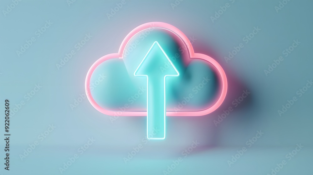 Poster neon cloud upload symbol glowing in blue and pink on a minimalist pastel background, representing cl